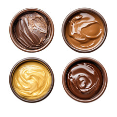 Four delicious spreads in small bowls isolated on transparent background