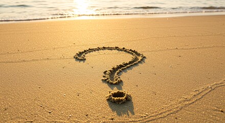 Question mark symbol written in sand on a beach at sunset