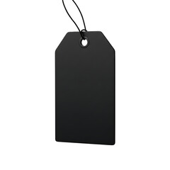 A minimalist image of a black tag hanging against a stark black background with a string attached on transparent background