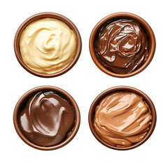 Four bowls of creamy chocolate spreads isolated on transparent background