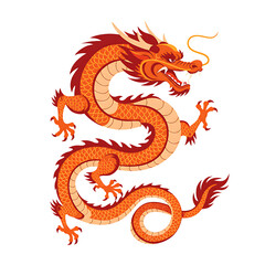 Fototapeta premium Illustration of a vibrant orange and red chinese dragon with a black background and ornate details on transparent background