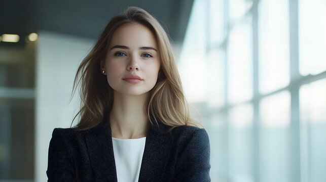 Confident professional stands in front of a window. She wears a dark blazer and has light brown hair, looking forward with a peaceful gaze.
