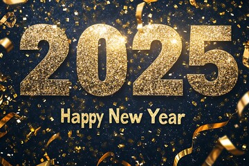 Sparkling Golden 2025 New Year Celebration With Confetti And Elegant Dark Background
