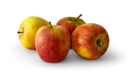 Group of four red apples with yellow and green spots, a sweet-tart crisp textured variety, isolated on white background with soft transparent shadows