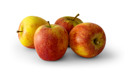 Group of four red apples with yellow and green spots, a sweet-tart crisp textured variety, isolated on white background with soft transparent shadows