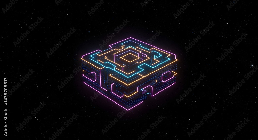 Poster glowing cube maze floating in space with neon lines and a black star filled background around it