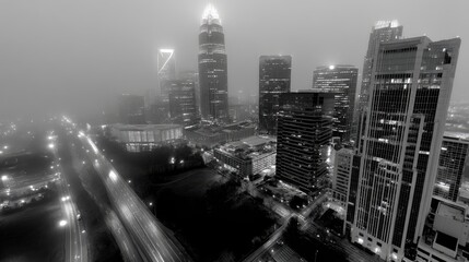 Foggy city skyline at night