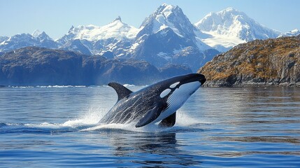 Fototapeta premium Orca leaps from water mountains and trees in background blue sky.