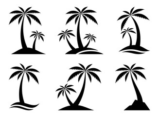 Fototapeta premium Tropical palm tree silhouettes set. Summer beach vacation symbol, exotic travel concept. Black palm trees collection. For travel, holiday, nature, and tropical design projects.