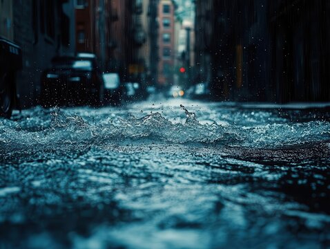 A shot of heavy rainfall causing flooding in a city street, Extreme Weather, Urgent and concerning
