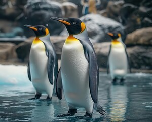 Fototapeta premium A shot of penguins walking on ice in a natural habitat, Wildlife, Cute and cold
