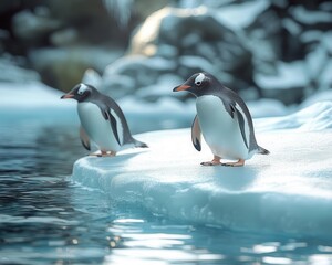 Obraz premium A shot of penguins walking on ice in a natural habitat, Wildlife, Cute and cold