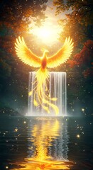 An angel with wings bathed in the bright, orange glow of the sky, a vector illustration suggesting a celestial fire and light