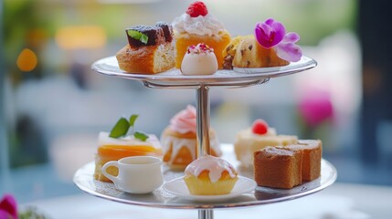 Obraz premium A delightful afternoon tea or high tea package with a sweet treat! Served on an elegant stainless steel stand.