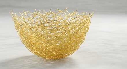 Fototapeta premium A golden wire bowl on a white surface showing intricate weaving and a delicate yet sturdy structure