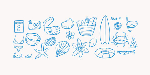 Sea life doodle hand drawn vector illustrations. Ocean life in blue color