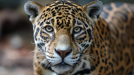 Obraz premium A jaguar staring directly into the camera lens, its intense gaze captivating, captured in HD with natural light from a frontal angle