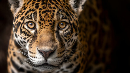 Obraz premium A jaguar staring directly into the camera lens, its intense gaze captivating, captured in HD with natural light from a frontal angle