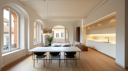 Fototapeta premium A dining area with a modern design, a kitchen, and an empty living room with a white wall are all featured in this stylish apartment. It offers a panoramic view of the yard and arched roofs.
