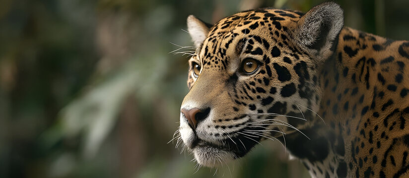 A jaguar with its head turned slightly, watching the surroundings with intense focus, captured in HD from a side profile view