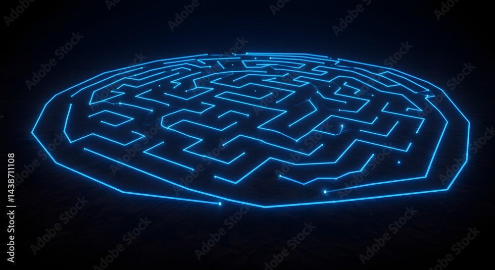 Poster a glowing blue maze with a complex pattern on a dark background creating a futuristic design look