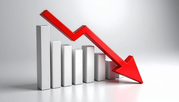 A 3D bar graph with a red downward arrow symbolizing a significant decline in business or financial performance