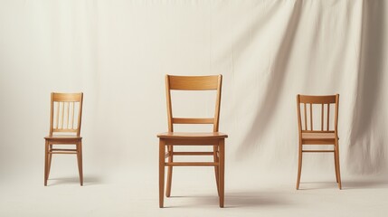 A lone wooden chair is photographed from various angles against a blank white backdrop. This is part of a larger furniture collection.