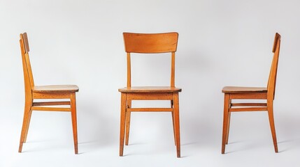 A lone wooden chair is photographed from various angles against a blank white backdrop. This is part of a larger furniture collection.