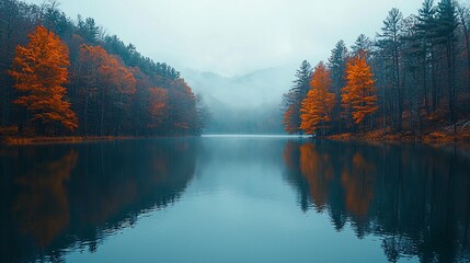 Naklejka premium Misty autumn lake reflecting colorful trees