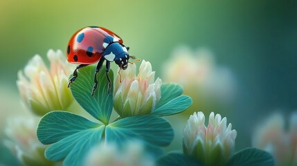 Ladybug on clover flower with green and blurred background in a macro shot.