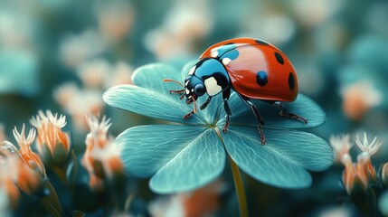 Ladybug on a blue flower with blurred background of orange and blue flowers.