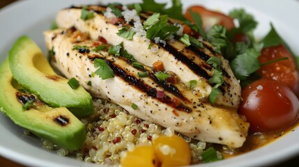 Grilled chicken breast rests on a bed of quinoa, accompanied by avocado, tomatoes, and fresh cilantro, offering a healthy meal.