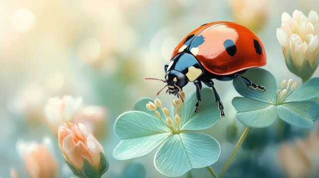 Ladybug rests on green leaves surrounded by blurred white and orange flowers.
