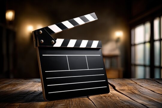 Classic clapperboard resting on wooden surface in a dimly lit film set ambiance
