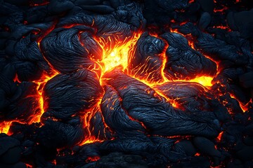 Molten lava flows intensely a fiery river of incandescent orange and yellow dark volcanic rock texture raw power of