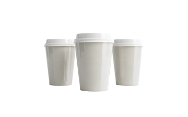 Blank white takeaway coffee cups mockup or mock up template isolated on white background. 3D hot drink blank plastic or paper mug package of caffeine or tea. PNG
