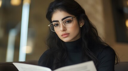 Focused Woman with Glasses Reading: A poised woman with dark hair immersed in a book, wearing glasses, exuding intelligence and sophistication.