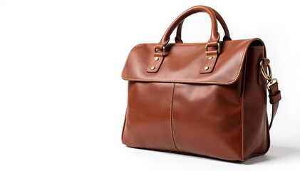 Brown leather satchel, cleanly isolated, pristine white backdrop , craft, mockup, detail