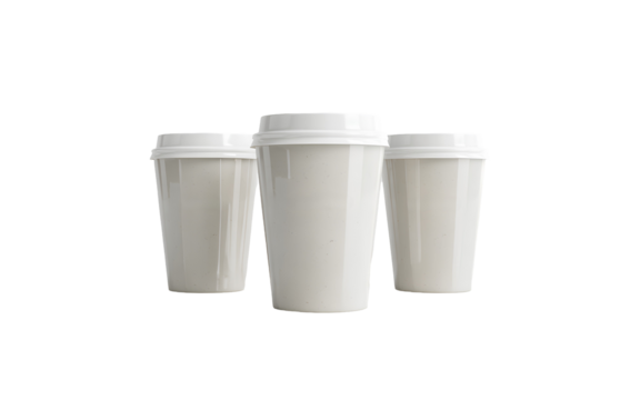 Blank white takeaway coffee cups mockup or mock up template isolated on white background. 3D hot drink blank plastic or paper mug package of caffeine or tea. PNG