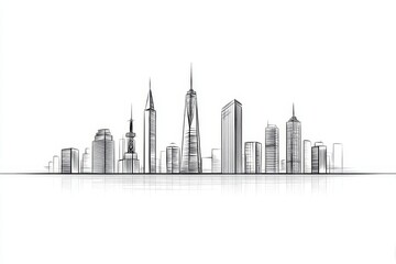 Fototapeta premium Minimalist Cityscape Sketch - A simple sketch of a city skyline symbolizing urban development, modern architecture, growth, ambition and progress