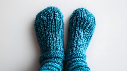 A pair of cozy, teal blue knitted socks rests on a white background. The thick, textured knit is perfect for cold weather. Warm, comfy, and stylish.
