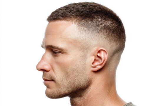 Man with crew cut hairstyle and minimalist military style stands isolated against a white background
