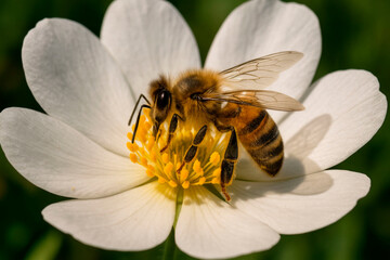 bee on white flower gathering nectar