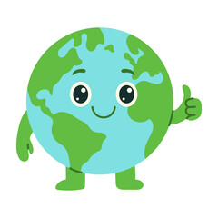A cartoon of a smiling earth with thumbs up. The earth is green and blue. The cartoon is meant to be a positive message about the importance of taking care of the planet