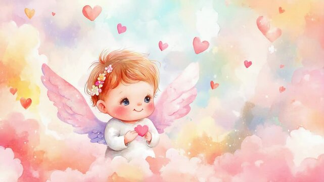 Whimsical baby angel surrounded by heart clouds in colorful sky