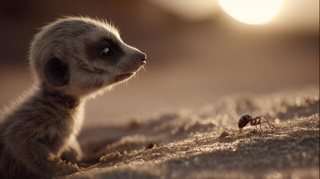 A meerkat looking curiously at a small desert insect, its body half-buried in the hot sand, the sun blazing overhead.