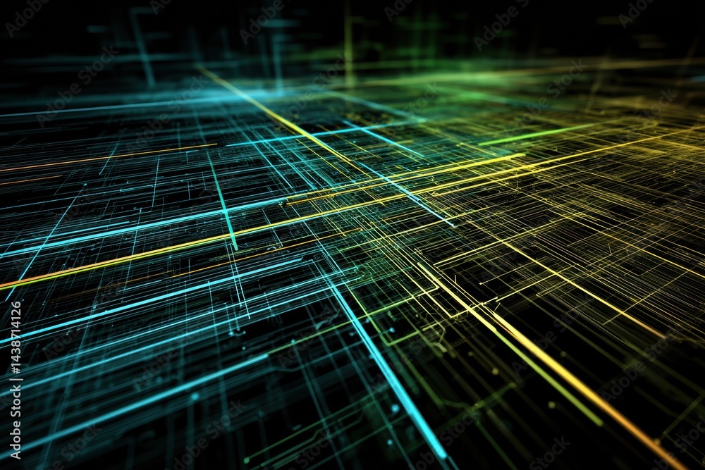 Poster Neon Lines Create a Chaotic Web Pattern Resembling Digital Circuits in a Vibrant Display of Technology