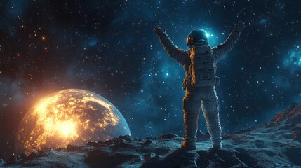 Obraz premium Astronaut with arms raised stands on a planet surface with cosmic background.
