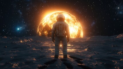Obraz premium Astronaut stands on a desolate planet with a bright star or sun in background.