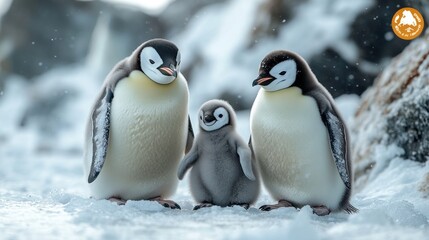 Obraz premium Three penguins stand together in a snowy outdoor environment.